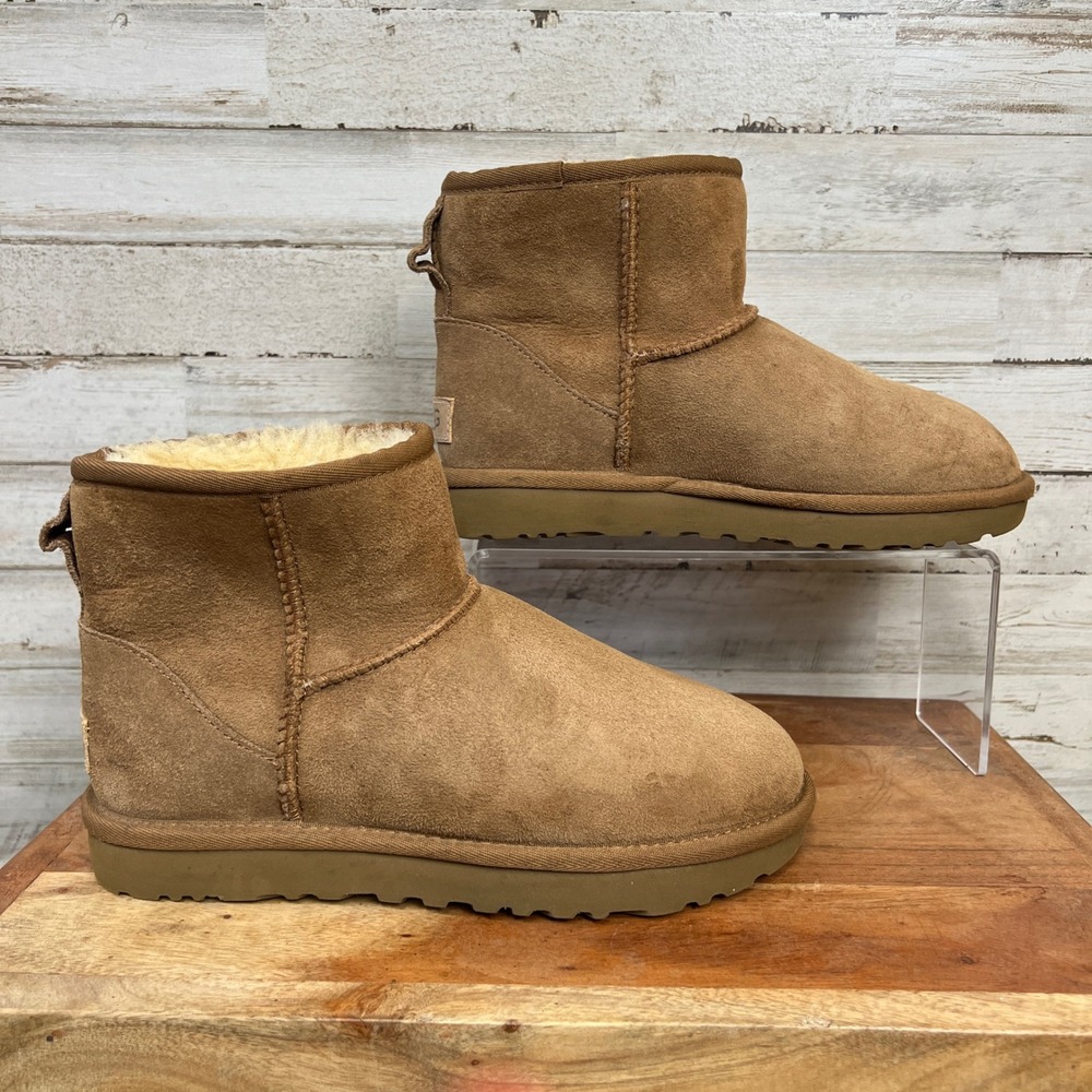 UGG Classic Mini II Boots Women 6 Chestnut Suede Sheepskin Ankle Winter Bootie